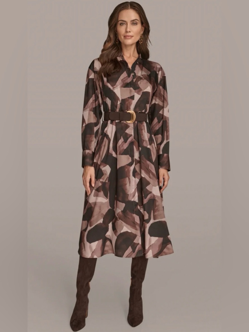Donna Karan COLLARLESS PRINTED MIDI SHIRT DRESS 4